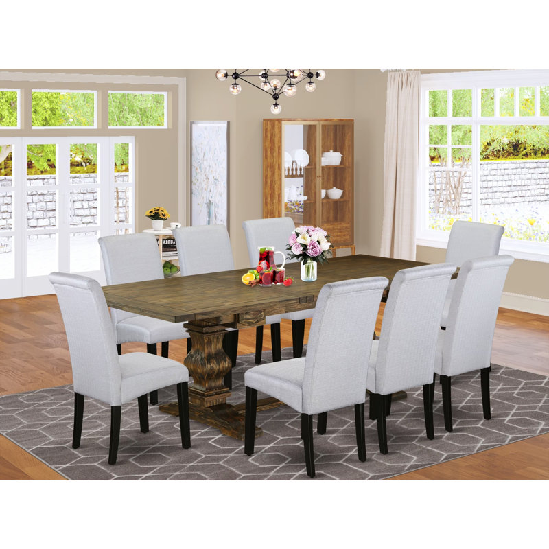 Ensemble de salle à manger 9 pièces comprenant une table rectangulaire avec rallonge amovible et 8 chaises rembourrées en lin gris, 107 x 234 cm, style jacobéen