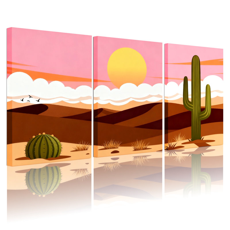Cactus du désert, coucher de soleil, paysage de cactus, ensemble de 3 reproductions d'art sur toile, H 30 po x l 60 po