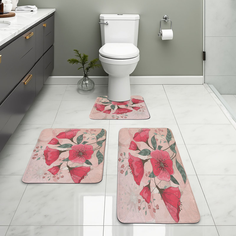  Vintage Bathroom Rug Set 3 Pieces U-Shape & Rectangle Mats Pale Pink Hot Pink