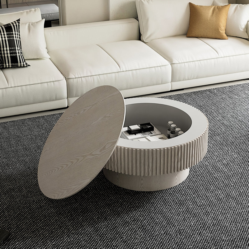 Table basse ronde avec rangement caché et conception de champignon cannelé en blanc rétro, H 14 po x l 31,5 po x P 31,5 po