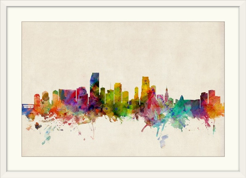 «Miami Florida Skyline» par Francy, impression, H 24 po x l 32 po x P 1 po, Cadre blanc