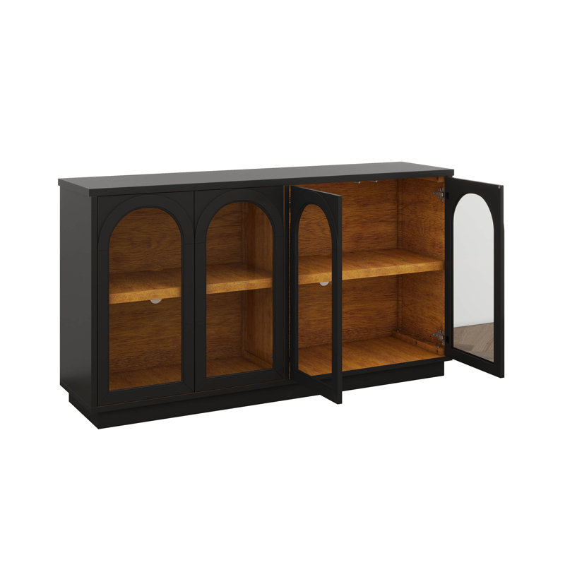 Grande armoire de rangement à 4 portes avec portes en verre, armoire arquée avec tablettes réglables, armoire buffet, Noir