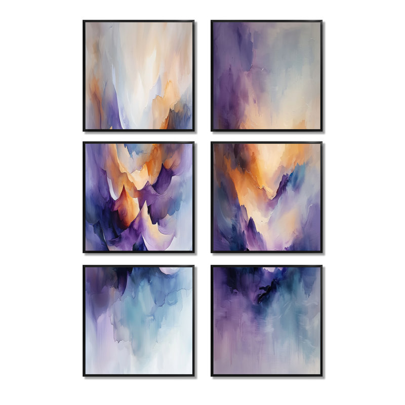 Orange orange, mauve, danse éternelle - ensemble de 6 reproductions d'art mural abstrait, Noir
