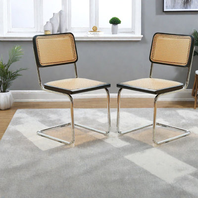 Ensemble de 2 chaises de salle à manger modernes, siège en bois de rotin, cuisine en acier chromé