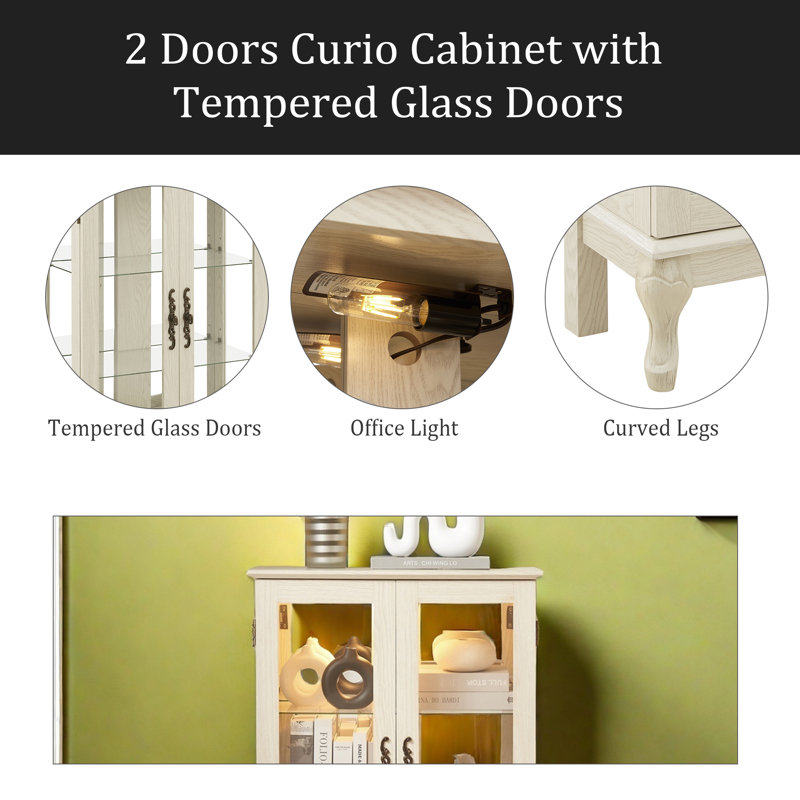 Vitrine 2 portes avec portes en verre trempé, armoires de terrasse avec panneau arrière en miroir et tablettes réglables, vitrine éclairée pour la maison, ampoule de bureau incluse