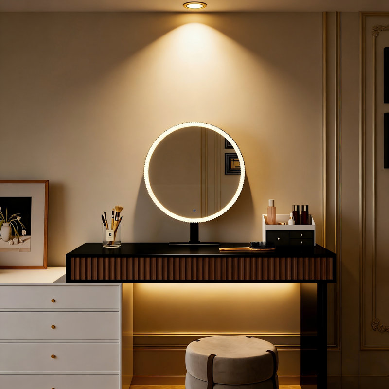 LED Vanity Mirror With Crystal Frame & Touch Control – 3-Color Lighting & Adjustable Angle