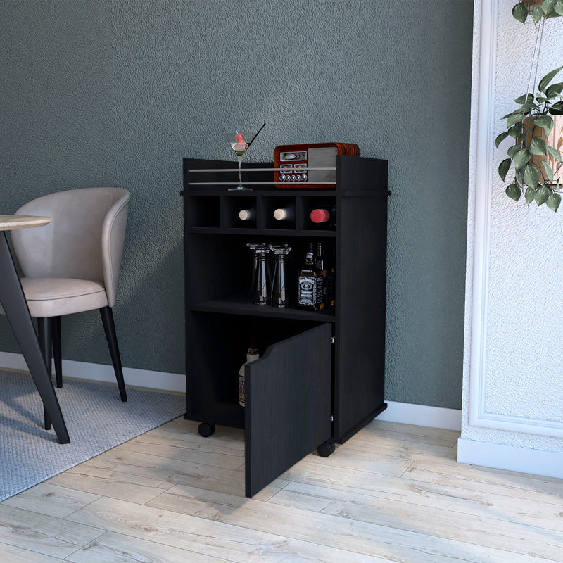 Chariot-bar noir à 1 porte pour une réception parfaite à la maison avec beaucoup de boissons et de verres, Noir