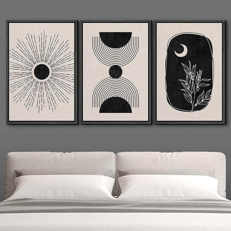 Mid Century Modern Boho 3 Piece Floater Frame Graphic Art on Canvas, 36" H x 72" W x 1.5" D, Black