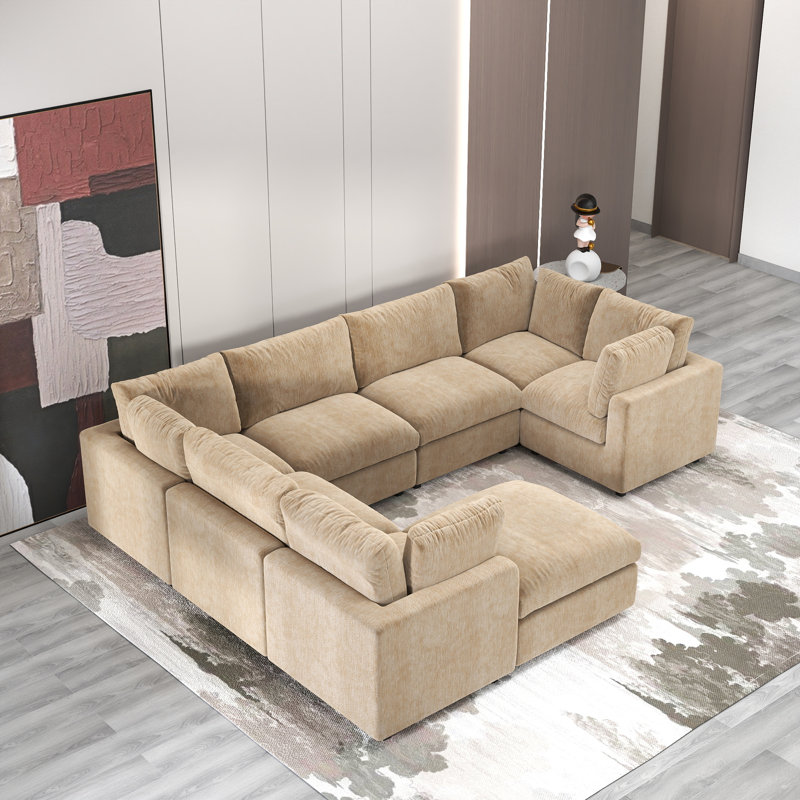 Kessi 8-Piece Upholstered Modern Chenille Fabric Modular Sectional Sofa With Ottoman, Khaki Chenille
