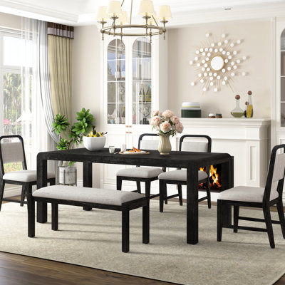 Rétro pour 4 à 6 avec chaises et banc rembourrés, conception extensible, siège de salle à manger de détente et de détente, plateau de table, soutien lombaire