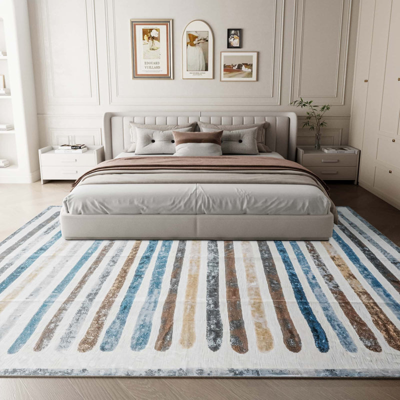 Non-Slip Machine Washable Colorful Modern Striped Area Rug in Blue/Brown/Yellow/Cream for Living Room, Bedroom, Hallway Runner Indoor Rugs