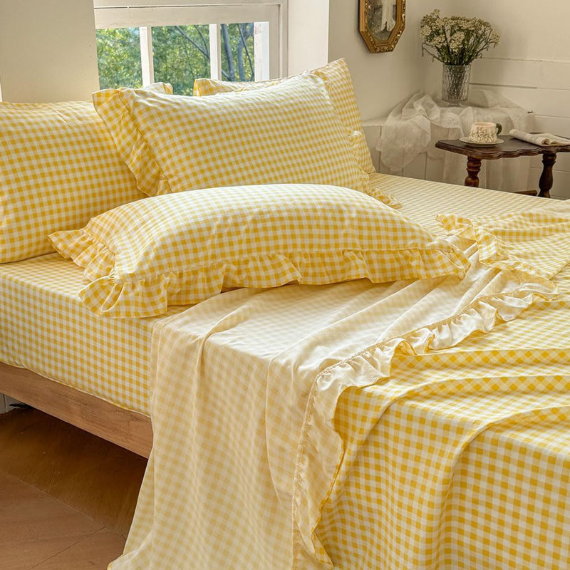 Ensemble de draps Gingham Ruffle, Grand lit, Guingan jaune