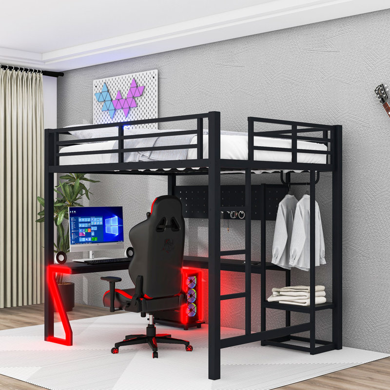 Lit mezzanine multifonctionnel avec panneau perforé, lumières en forme de Z, bureau en forme de L et ports USB, Lit double