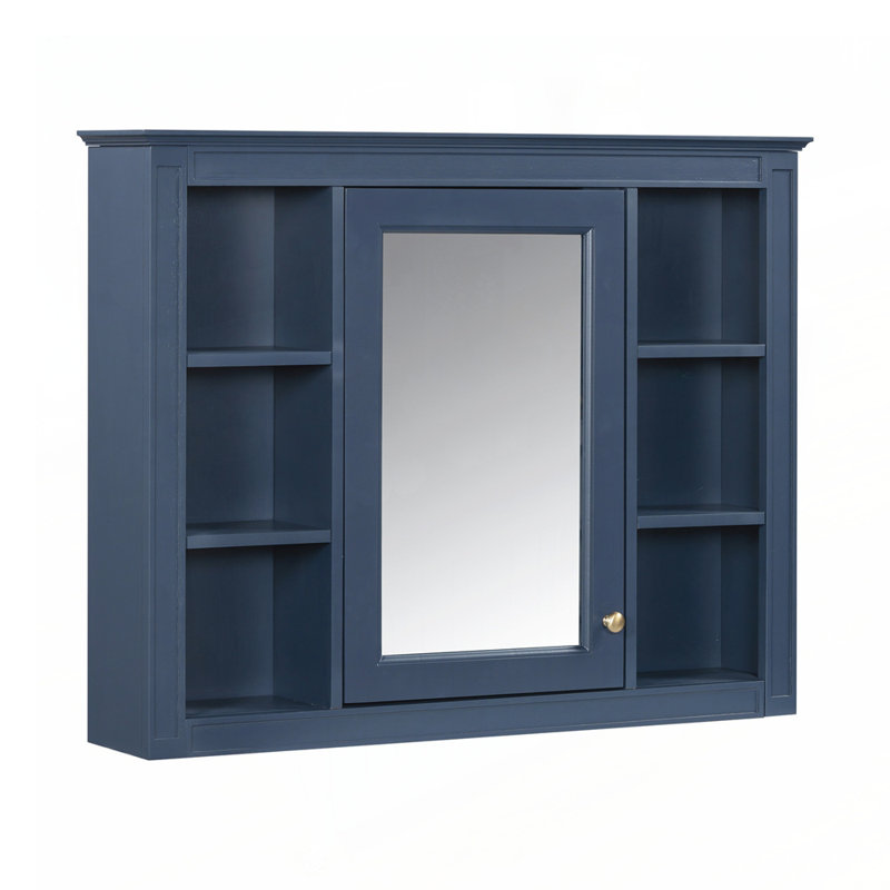 Armoire de rangement murale avec miroir et 6 tablettes ouvertes pour salle de bain, Bleu
