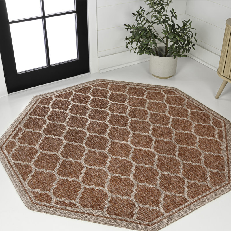 Hague Moroccan Trellis Textured Weave Red/Beige Indoor/Outdoor Rug, Octagon 5'3"