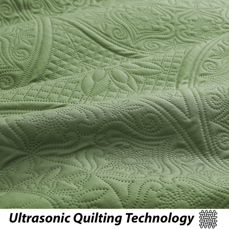 Floral Embossed Microfiber Quilted Bedspread Set, Twin Coverlet/Bedspread + 1 Standard Pillowcase, Olive Green
