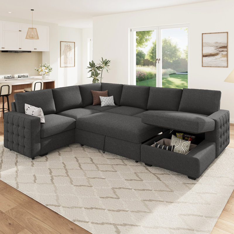 Hildur U-Shaped Sectional Sofa Bed Pull Out Sleeper Couch With Storage Chaise, Gray Polyester Blend