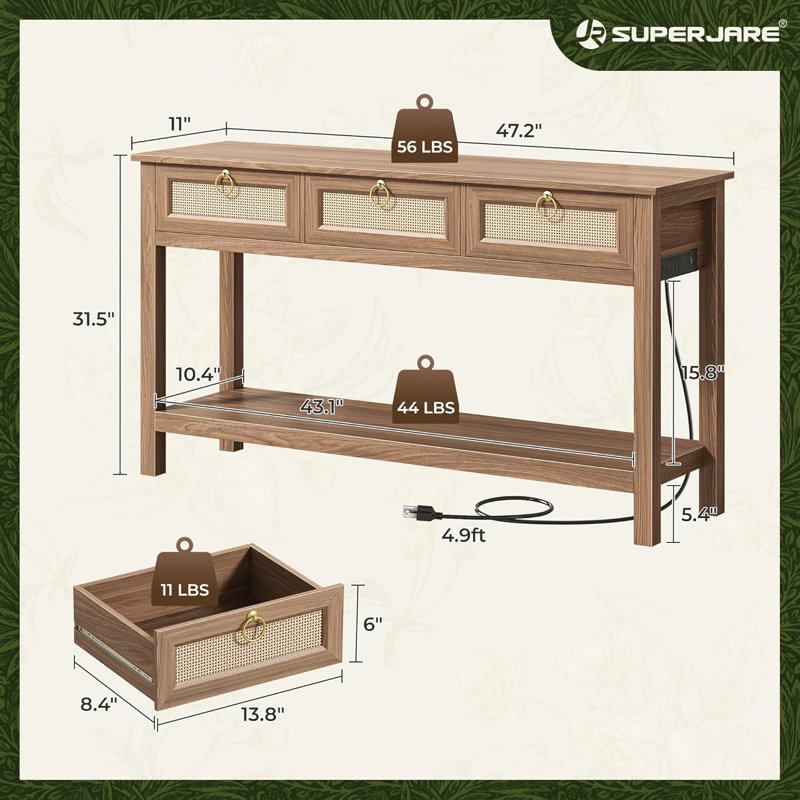 Rattan Console Sofa Table with Outlets and USB-C Port, 3 Drawer Entryway Table, Brown