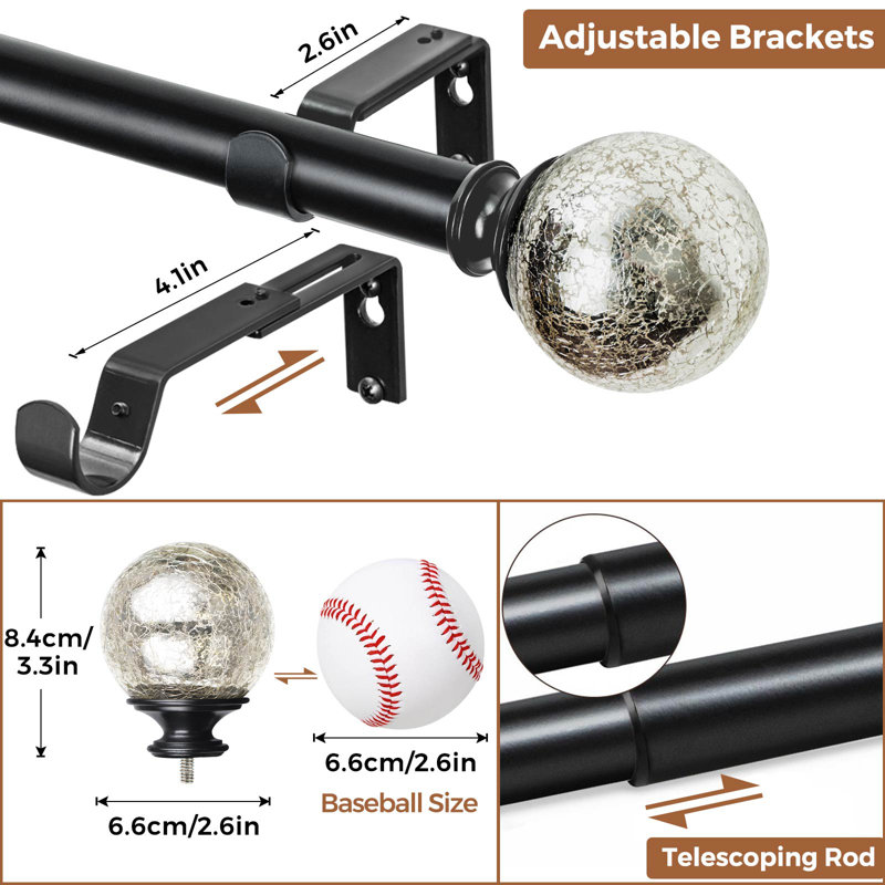 Tringle à rideaux robuste 1 po 32 à 144, tringle à rideaux simple décorative longue, extrémité en boule de verre, Noir mat