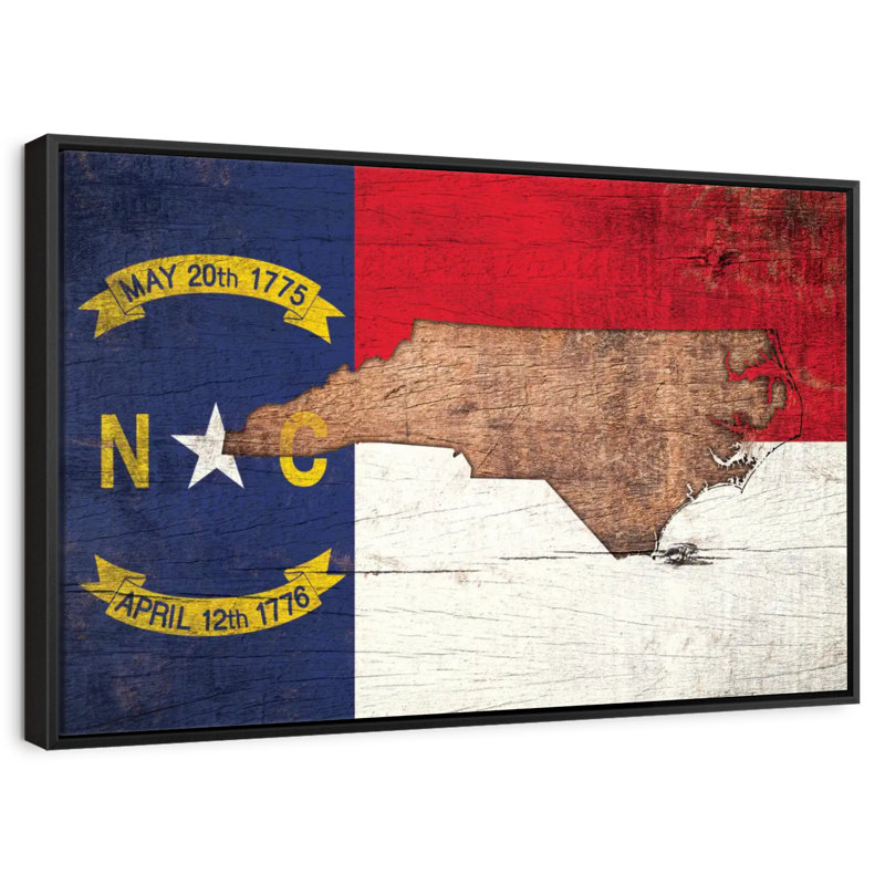 Carte d'État sur le drapeau de la Caroline du Nord, Cadre flottant noir, 40 po x 27 po