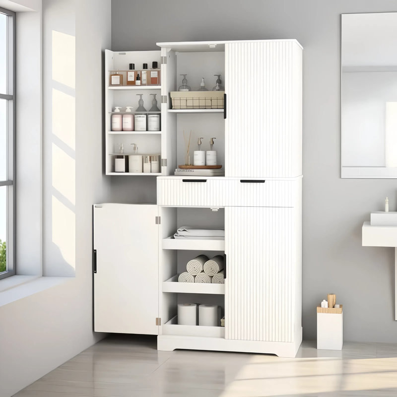 72"H Bathroom Storage Cabinet With 3 Keyboard Drawers,  6 Door Shelves Adjustable, A Slide-Out Drawer, White