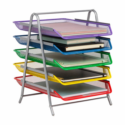 Organisateur de documents à 5 niveaux Mind Reader avec plateaux multicolores, idéal pour les enseignants, en métal grillagé, couleurs assorties.