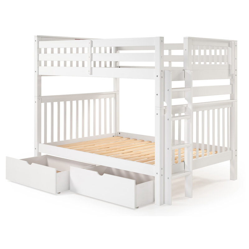 Treva Solid Wood Standard Bunk Beds Full over Full, 4 Step Ladder, 2 Under-Bed Drawers, White, White, Full over Full