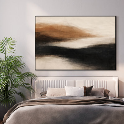 Très grande reproduction d'art sur tissu - Horizon neutre minimaliste abstrait en brun et noir pour un salon moderne - "Assemblage requis du cadre (cadre non fini)"