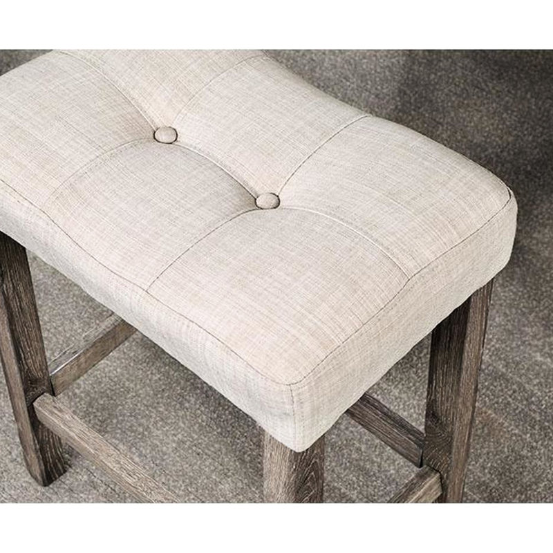 Table de salle à manger à hauteur de comptoir grise avec 4 tabourets coussinés en tissu beige et tabourets à base de placage de papier