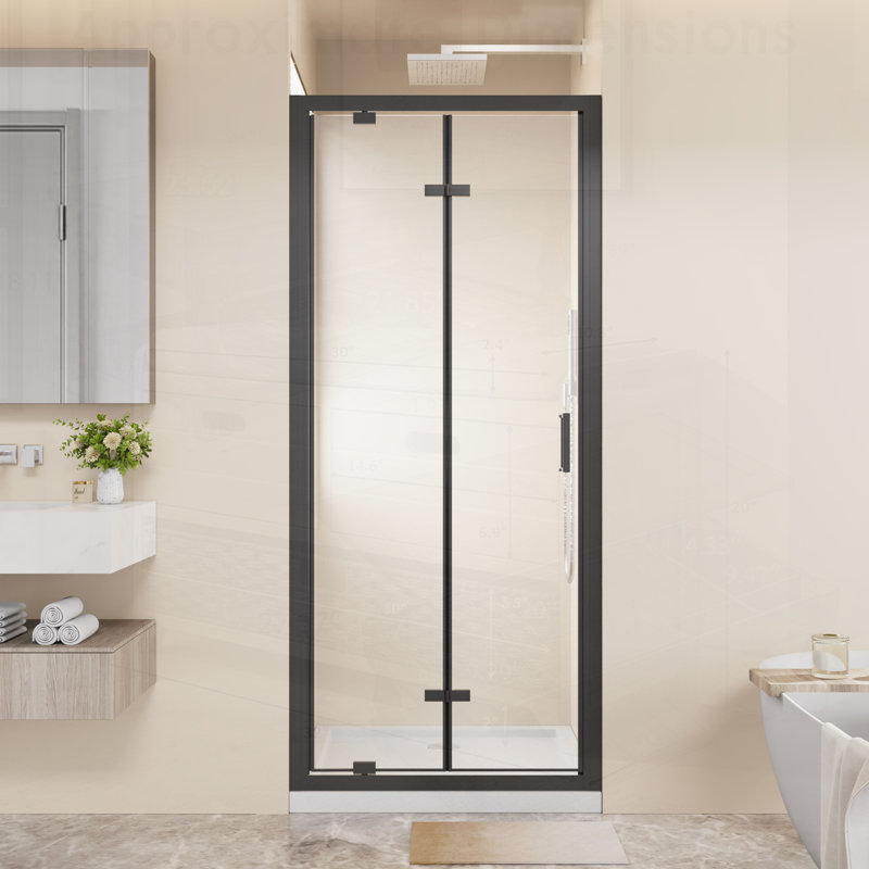 Porte de douche pivotante pliante encadrée avec verre trempé transparent, conception peu encombrante pour les petites salles de bain et les espaces restreints