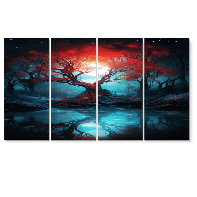 «Red River Tree In Enchanted Blue Forest», art mural 4 pièces, H 28 po x l 48 po