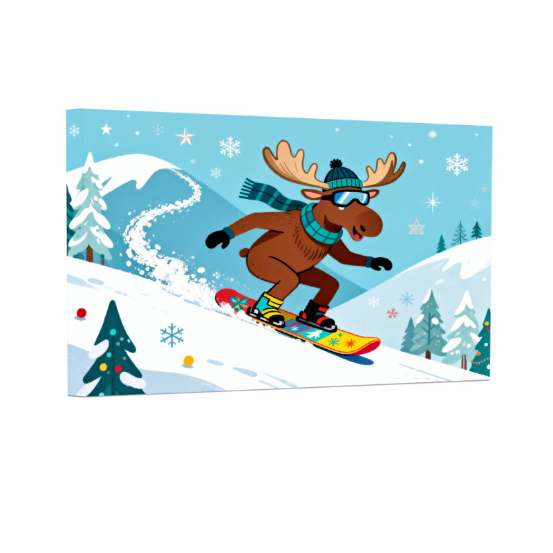 Orignal de Noël skiant sur une scène de montagne en hiver avec des arbres, H 16 po x l 24 po
