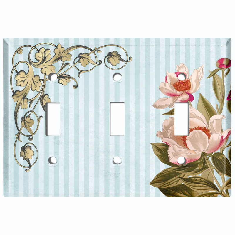 Metal Light Switch Plate Outlet Cover (Pink Red Rose Flower Leaves Blue Stripes Frame - Single Toggle)