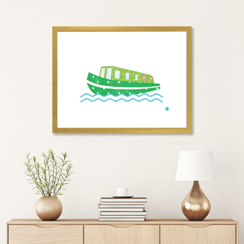 Bateau étroit - impression d'art graphique, Papier encadré doré, H 24 po x l 32 po x P 1 po, Blanc