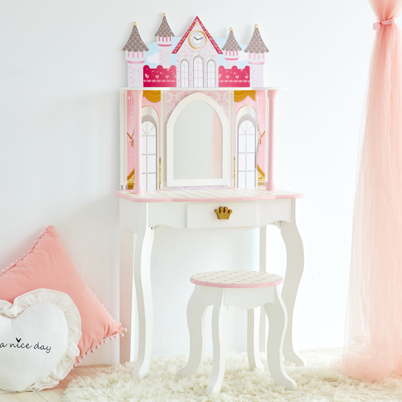 Teamson Kids Dreamland Castle 2 pièces Table de coiffeuse et tabouret avec miroir et accessoires pour poupée, Rose/Blanc