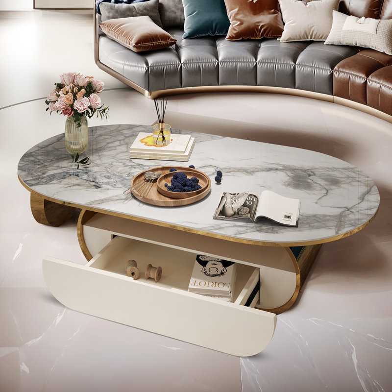 Table basse ovale en faux marbre avec tiroir de rangement