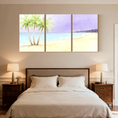 Plage, plage tropicale, palmiers, ciel, eau, sable, horizon, ensemble de 3 impressions sur toile