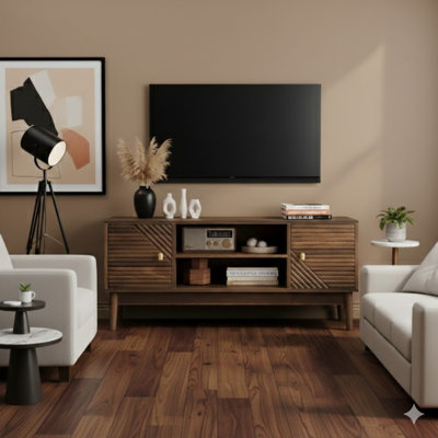 Meuble télé 43,31 pouces, meuble télé de style Mid-Century moderne pour téléviseur 32/45 pouces, meuble audio-vidéo avec rangement, console média pour le salon et la chambre à coucher, noyer