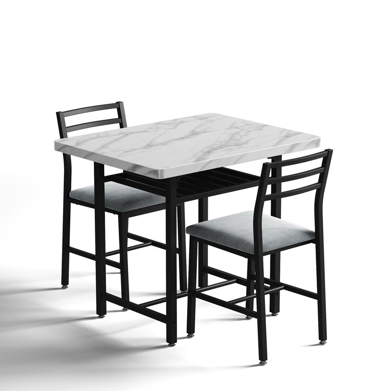 3-Piece Dining Table Set With Faux Marble Tabletop, Under-The Table Storage And Cushioned Chairs For Small Space, Minimalist Dining Set For Kitchen, Home Bar And Patio