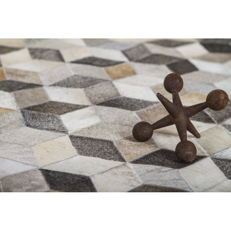 Natural Hide Cowhide Geometric Area Rug in Silver, Rectangle 11'6" x 14'6"