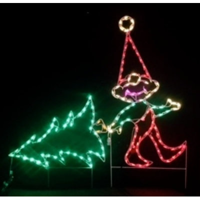 Elf Pulling Christmas Tree Holiday Lighted Display