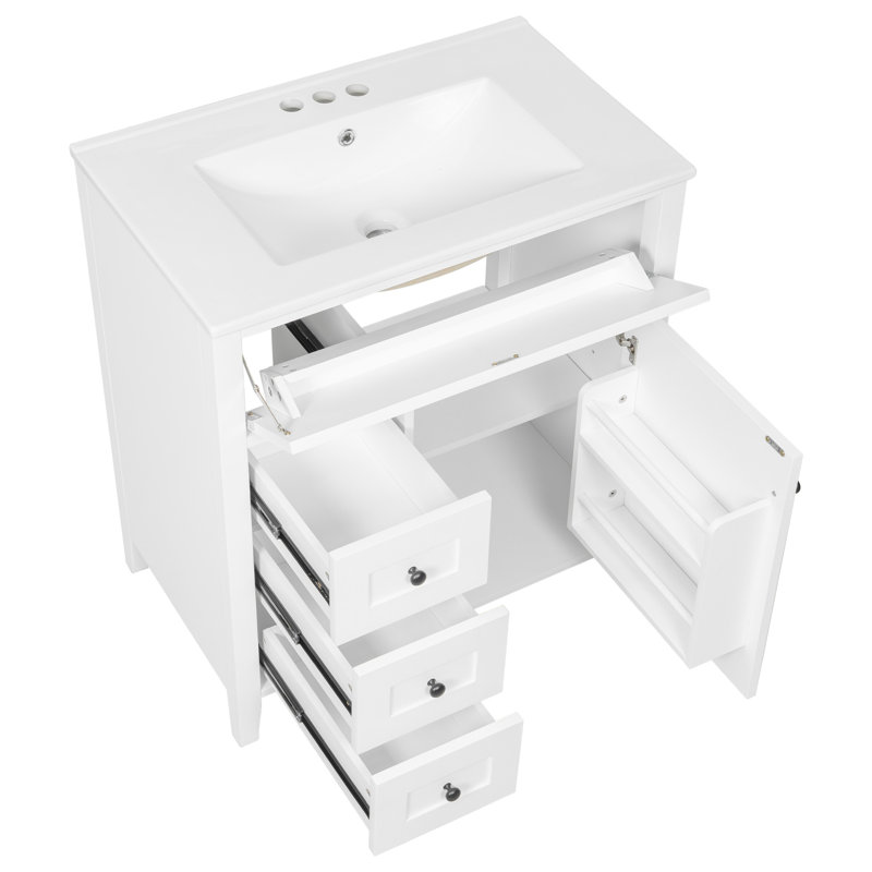 Meuble-lavabo de 30 pouces avec lavabo, panneau de fibres à densité moyenne moderne et bois d'hévéa avec 3 tiroirs et tablette réglable, meuble-lavabo autoportant pour le rangement et l'organisation de la salle de bain (Ancien SKU: N725P350819K)