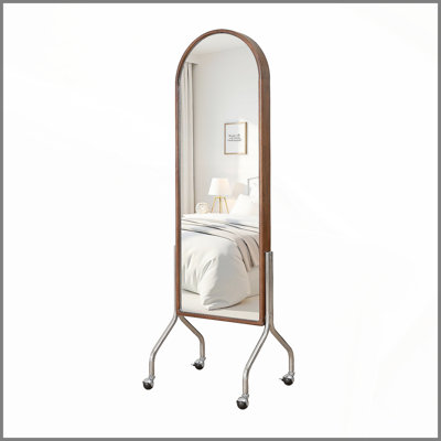 Arched Full Length Mirror with Storage Shelves & Wheels, Rubber Wood Frame Floor Mirror, Freestanding Rolling Mirror with Cart, 2-in-1 Dressing Mirror & Bookcase for Bedroom Living Room