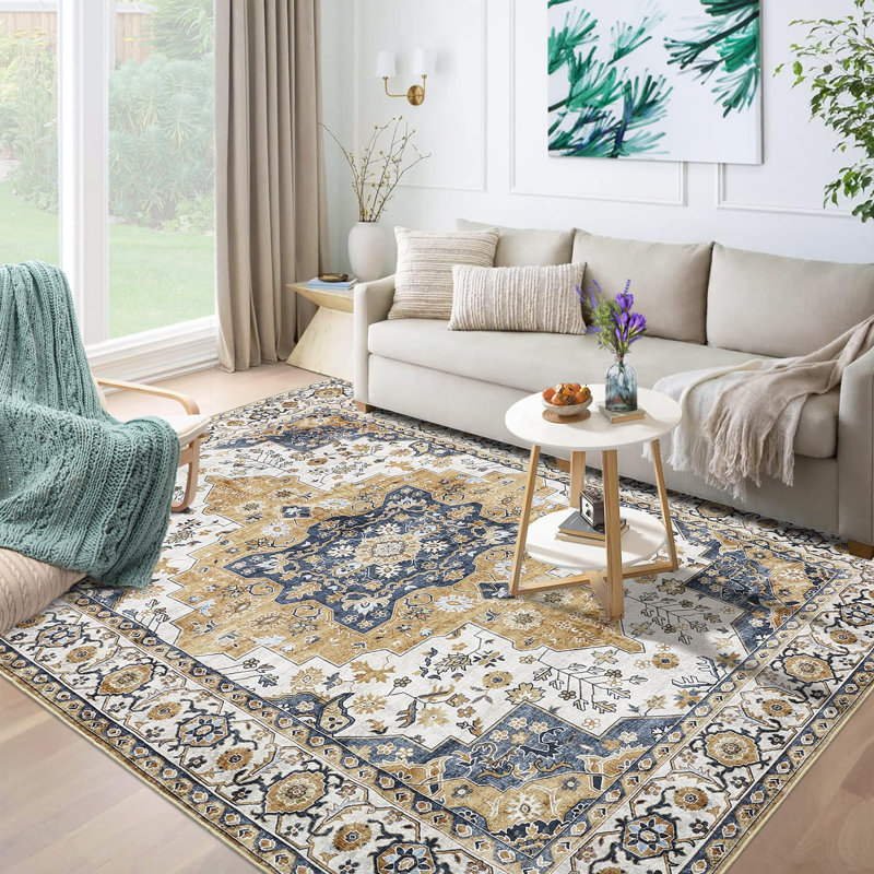 Vintage Machine Washable Rug for Living Room Bedroom Oriental Floral Non-Slip Low Pile Rubber Backing Area Rug for Playroom Office Kitchen Dining Room Dorm and Bedside Decor