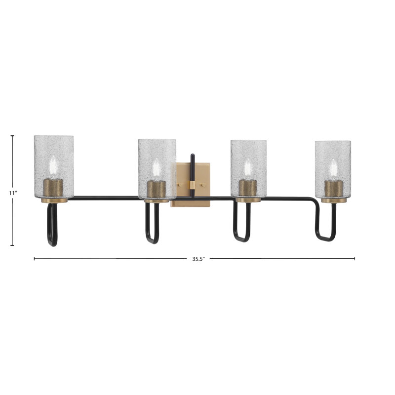 Barre d'éclairage de salle de bain 4 lumières Amarmula, noir mat et laiton vieilli, verre bullé 4 po, Transparent/noir