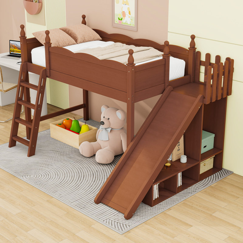 Lit mezzanine en bois avec tablettes de rangement et garde-robe, Lit simple, Naturel foncé