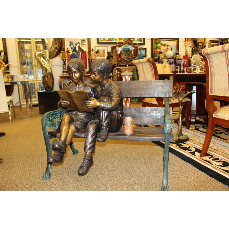 Kids Reading a Book on a Bench Bronze Statue -  Size: 23"L x 38"W x 37"H. 