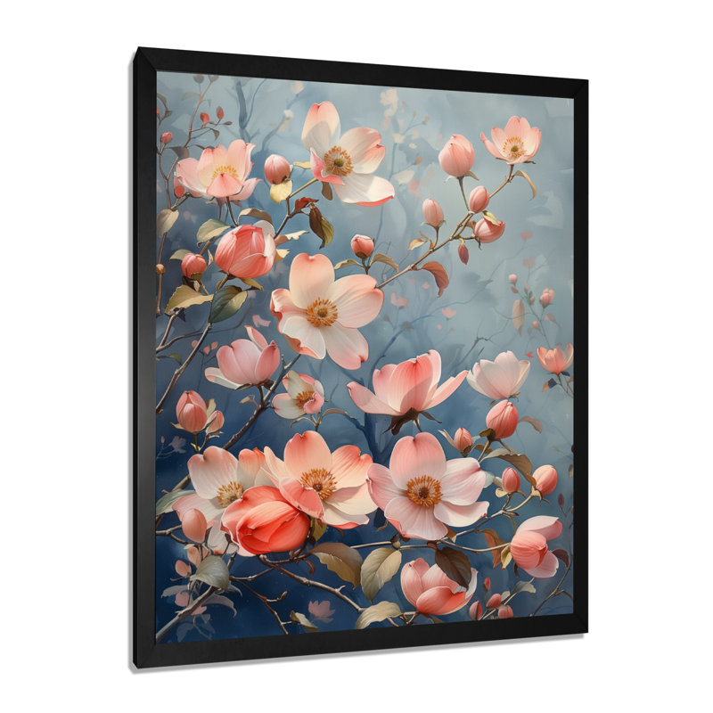 Décoration murale rose et bleu Garden Of Dreams Dogwood III - cornouiller, Cadre simple noir, H 24 po x l 32 po