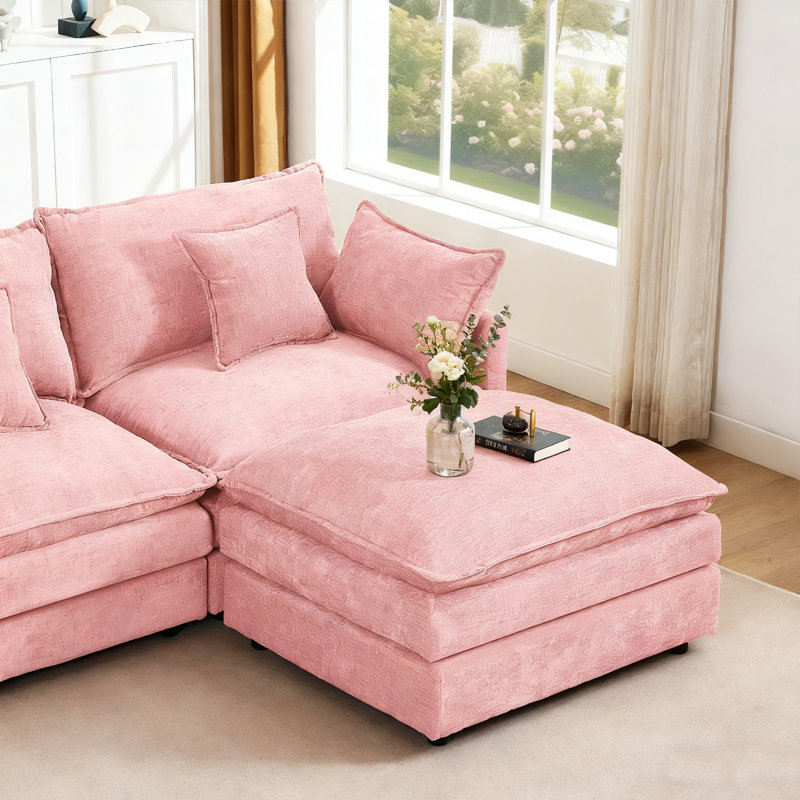 130" Oversized Upholstery Modular Sectional Sofas With Two Ottoman For Living Room, Pink Chenille