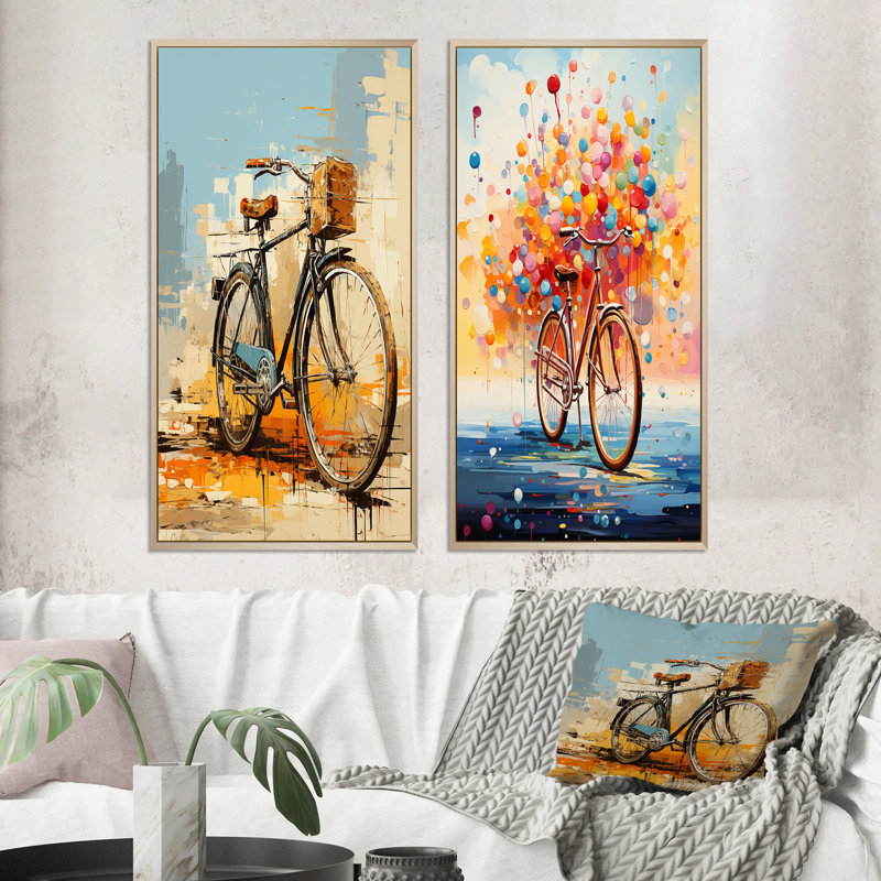 "Vélo expressif voyages" - 2 pièces sur toile, Encadrement brun, H 20 po x l 24 po